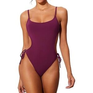 One Piece Swimsuit Cutout Tie Side Strappy Bathing Suit Burgundy‎
